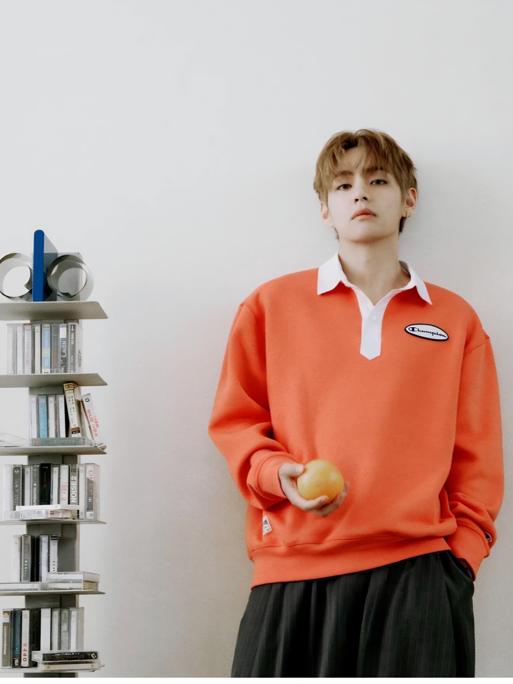 Tae Hyung/V of BTS-Champion Orange Long-Sleeve Polo Sweatshirt with White Collar